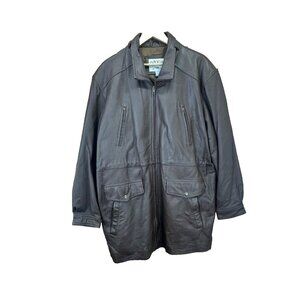 Orvis Leather Jacket Long Trench Coat Hooded Parka Adjustable‎ Waist Men’s Sz L